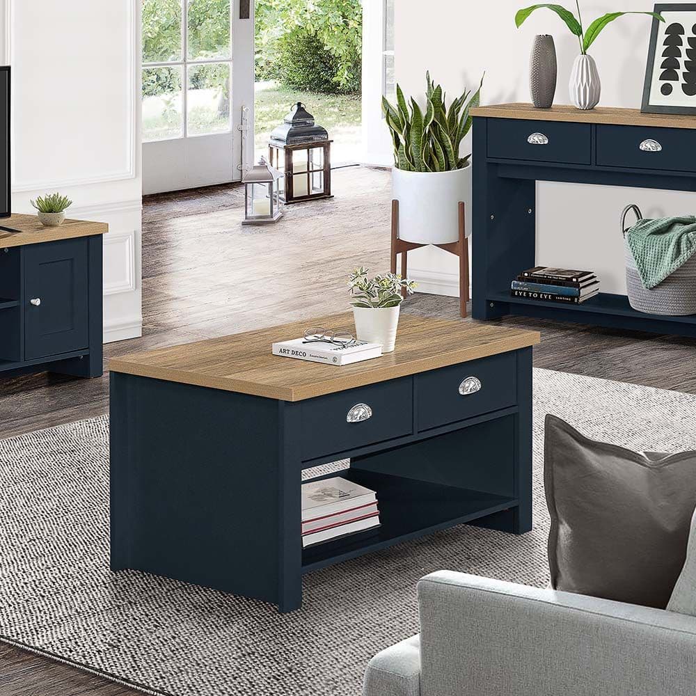 Blue coffee sales table with storage