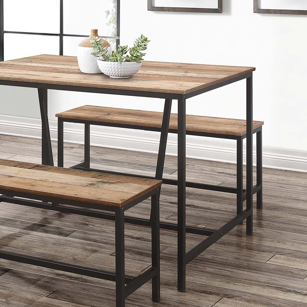 Urban Rustic Oak Wooden Dining Table and Bench Set