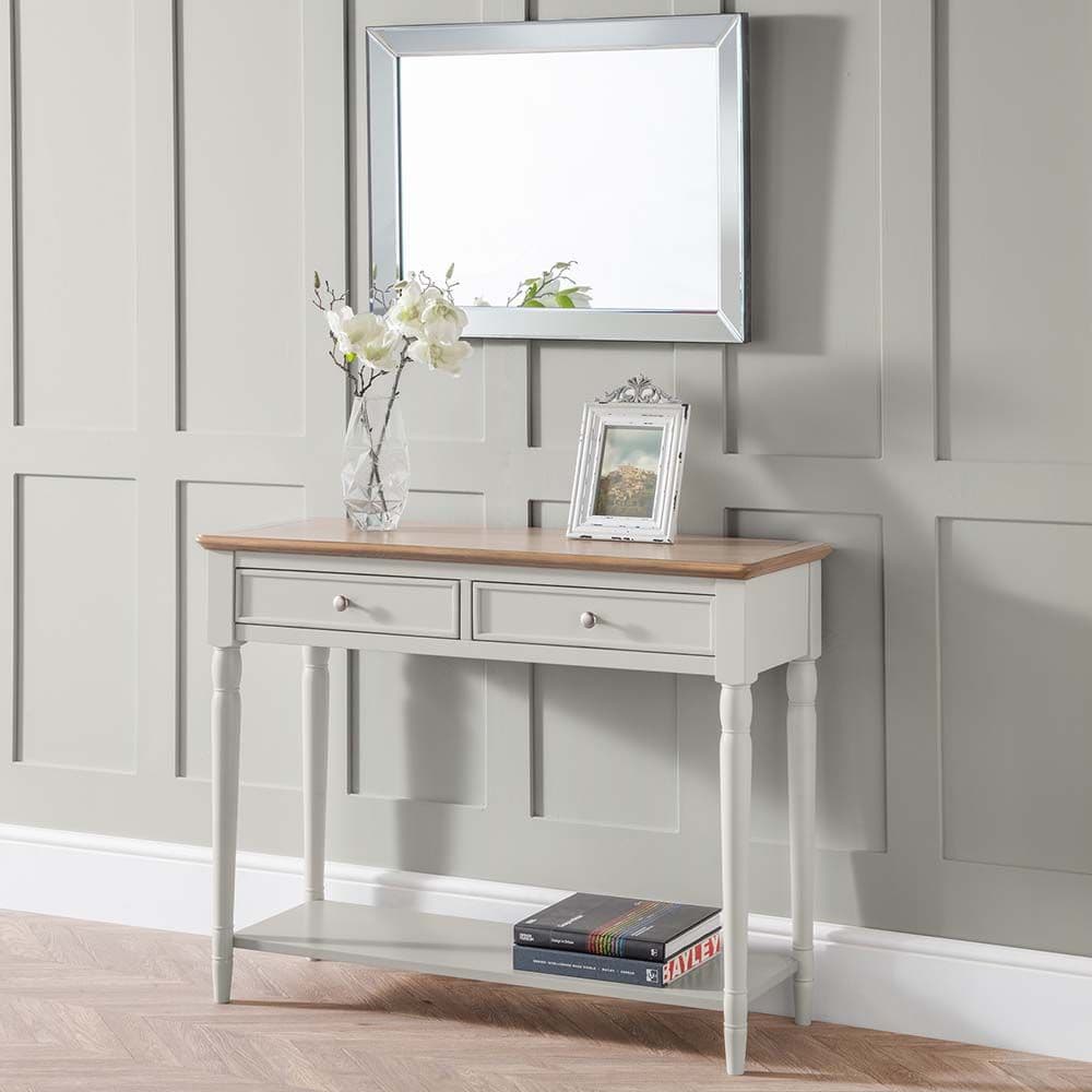 Gray wood entryway shop table