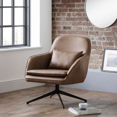 Bowery Brown Leather and Metal Swivel Armchair