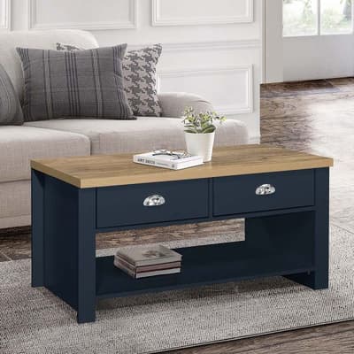 Highgate Navy Blue and Oak 2 Drawer Wooden Coffee Table Highgate Navy Blue and Oak 2 Drawer Wooden Coffee Table
