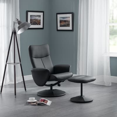 Lugano Black Leather Recliner Chair and Stool