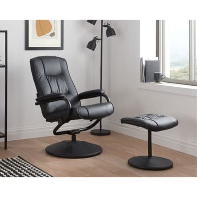 Memphis Black Leather Swivel Chair and Footstool