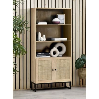 Padstow Oak Rattan Tall Bookcase